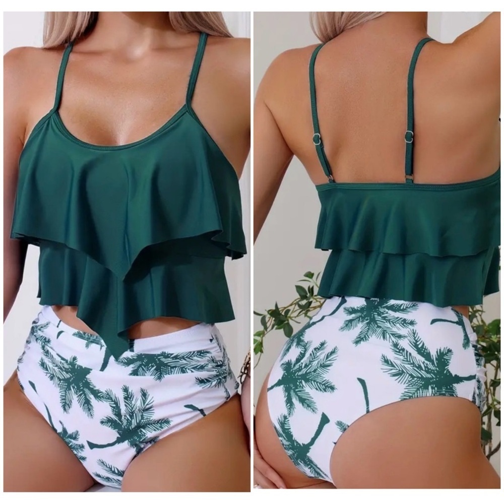 Green Ruffled High Waisted Tankini Set